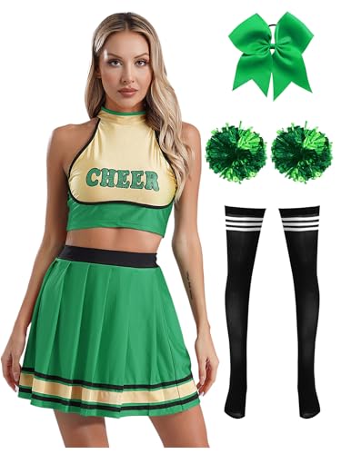 TiaoBug Damen Cheerleading Kostüm Schulmädchen Uniform Crop Top und Faltenrock Minirock mit Kniestrümpfe Pompons Schleife Haargummi Cosplay Outfits Grün M von TiaoBug