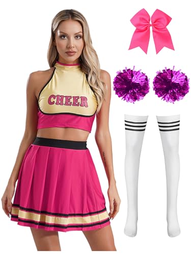 TiaoBug Damen Cheerleading Kostüm Schulmädchen Uniform Crop Top und Faltenrock Minirock mit Kniestrümpfe Pompons Schleife Haargummi Cosplay Outfits Hot Pink M von TiaoBug