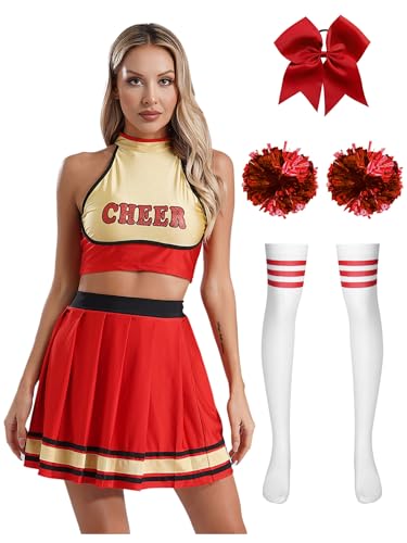 TiaoBug Damen Cheerleading Kostüm Schulmädchen Uniform Crop Top und Faltenrock Minirock mit Kniestrümpfe Pompons Schleife Haargummi Cosplay Outfits Rot L von TiaoBug