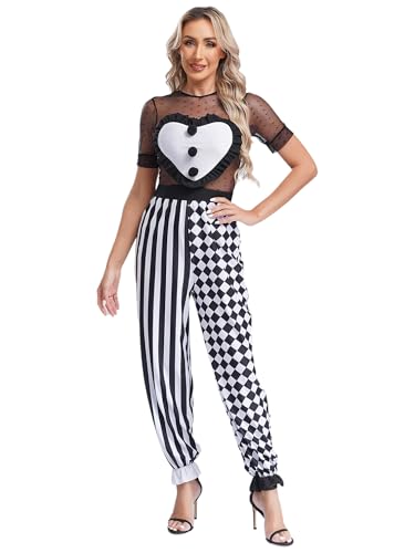 TiaoBug Damen Clown Kostüm Transparent Mesh Spleiß Jumpsuit Streifen Schachbrett Overall Kurzarm Ganzkörperanzug Horror Zirkus Halloween Verkleidung Schwarz L von TiaoBug