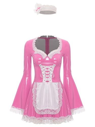 TiaoBug Damen Dienstmädchen Kostüm Wetlook Lack Leder Kleider + Satin Schürze + Spitzen Stirnband Halloween French Maid Cosplay Uniform Gogo Outfits Rosa XL von TiaoBug