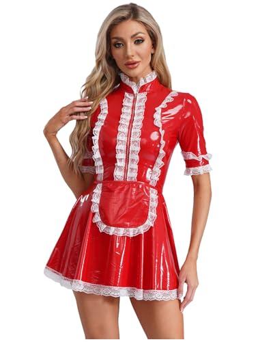 TiaoBug Damen Dienstmädchen Kostüm Wetlook Mini Kleider Spitzen Besatz Lederkleid + Lack Leder Schürze Halloween Cosplay Outfits Rot 3XL von TiaoBug