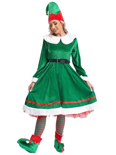 TiaoBug Damen Elfen Kostüm Langarm Weihnachtselfen Kleider mit Puppenkragen + Gürtel Schuhe Kniestrümpfe Elfenhut Weihnachtshelferin Cosplay Outfits Grün XL von TiaoBug