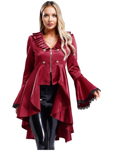 TiaoBug Damen Gothic Frack Steampunk Jacke Asymmetrischer Gehrock mit Volants Renaissance Mittelalter Uniform Festzug Outfits Weinrot 4XL von TiaoBug