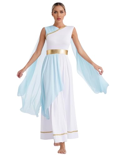 TiaoBug Damen Griechische Göttin Kostüm Farbblock Ärmellos Toga Kleid mit Metallic Gürtel Chiffon Umschlagtuch Mottoparty Outfits Hellblau E S von TiaoBug