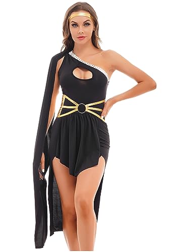 TiaoBug Damen Griechische Göttin Kostüm Ein-Schulter Toga Kleid mit Metallic Gürtel und Kopfband Mottoparty Outfits Schwarz L von TiaoBug