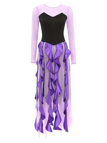 TiaoBug Damen Hexe Kostüm aus Märchen Meerjungfrau Langarm Kleid Mesh Spleiß Maxikleid Partykleid mit Volants Rock Halloween Cosplay Outfits Violett XXL von TiaoBug