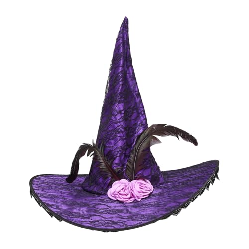 TiaoBug Damen Hexenhut mit Blumen Feder Deko Halloween Zauberer Hut Magie Hut Kopfbedeckung Maskerade Fasching Karneval Typ A Lila One Size von TiaoBug