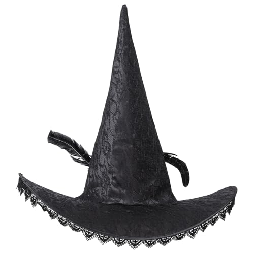 TiaoBug Damen Hexenhut mit Blumen Feder Deko Halloween Zauberer Hut Magie Hut Kopfbedeckung Maskerade Fasching Karneval Typ A Schwarz One Size von TiaoBug