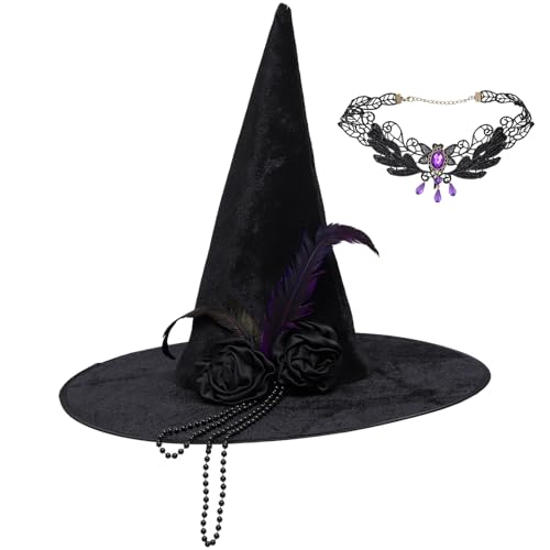 TiaoBug Damen Hexenhut mit Blumen Feder Deko Halloween Zauberer Hut Magie Hut Kopfbedeckung Maskerade Fasching Karneval Typ B Lila One Size von TiaoBug