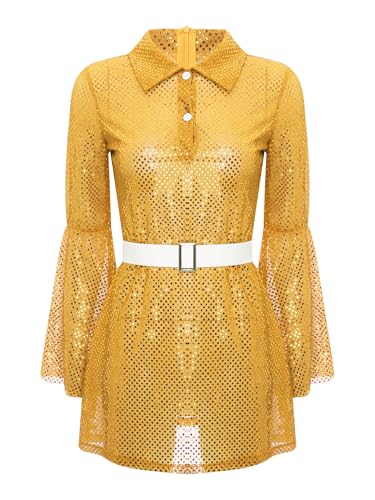 TiaoBug Damen Hippie Kostüm 70er Jahre Disco Outfits Langarm Pailletten Tanzkleider Hemdkleid Blusenkleid Tunika Glockenärmel Shirtkleid Gold S von TiaoBug