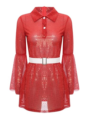 TiaoBug Damen Hippie Kostüm 70er Jahre Disco Outfits Langarm Pailletten Tanzkleider Hemdkleid Blusenkleid Tunika Glockenärmel Shirtkleid Rot L von TiaoBug