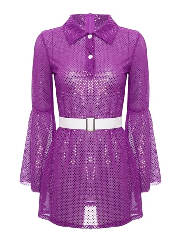 TiaoBug Damen Hippie Kostüm 70er Jahre Disco Outfits Langarm Pailletten Tanzkleider Hemdkleid Blusenkleid Tunika Glockenärmel Shirtkleid Violett 3XL von TiaoBug