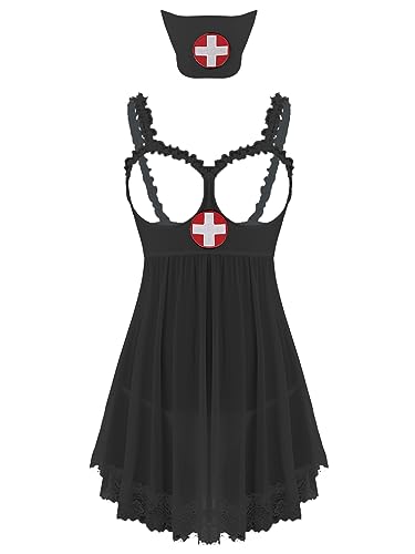 TiaoBug Damen Krankenschwester Kostüm Cosplay Uniformen Sexy Dessous Set aus Body/Kleid Erotische Reizwäsche Clubwear Schwarz ZA L von TiaoBug