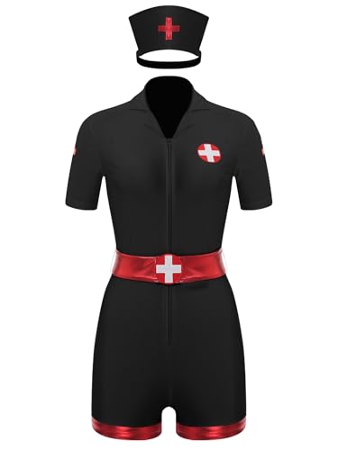 TiaoBug Damen Krankenschwester Uniform Cosplay Kostüm Arztin Jumpsuit Kurzarm Overall mit Schwester Haube Rotes Kreuz Slim Fit Hosenanzug Schwarz 3XL von TiaoBug