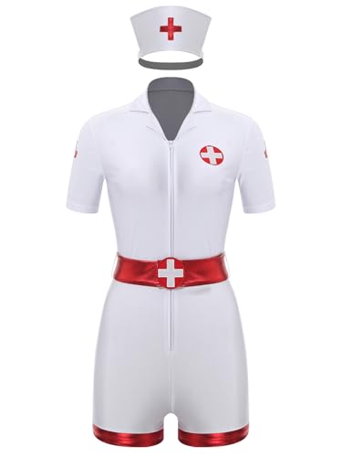 TiaoBug Damen Krankenschwester Uniform Cosplay Kostüm Arztin Jumpsuit Kurzarm Overall mit Schwester Haube Rotes Kreuz Slim Fit Hosenanzug Weiß XXL von TiaoBug