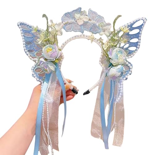 TiaoBug Damen Mädchen Lolita Stirnband mit Schmetterling Deko Kawaii Haarschmuck Maid Anime Cosplay Haarband Mottoparty Blau One Size von TiaoBug