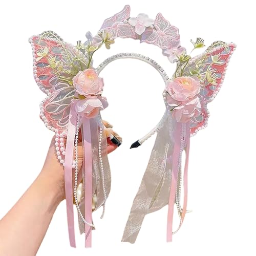 TiaoBug Damen Mädchen Lolita Stirnband mit Schmetterling Deko Kawaii Haarschmuck Maid Anime Cosplay Haarband Mottoparty Rosa One Size von TiaoBug