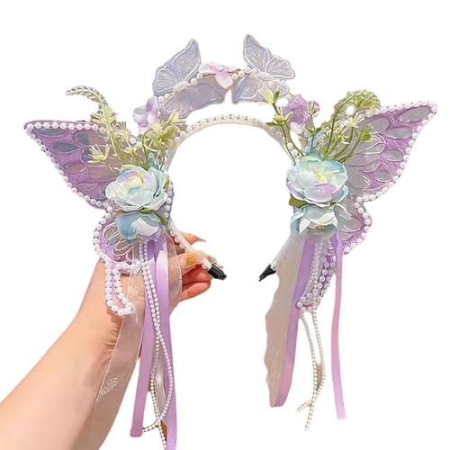 TiaoBug Damen Mädchen Lolita Stirnband mit Schmetterling Deko Kawaii Haarschmuck Maid Anime Cosplay Haarband Mottoparty Violett One Size von TiaoBug