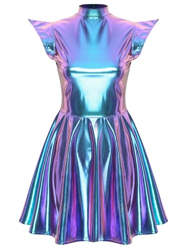 TiaoBug Damen Metallic Kleider Kurzarm Rollkragen Lack Leder Partykleider Skaterkleider Heldin Weltall Alien Cosplay Kostüm Gogo Clubwear Blau L von TiaoBug