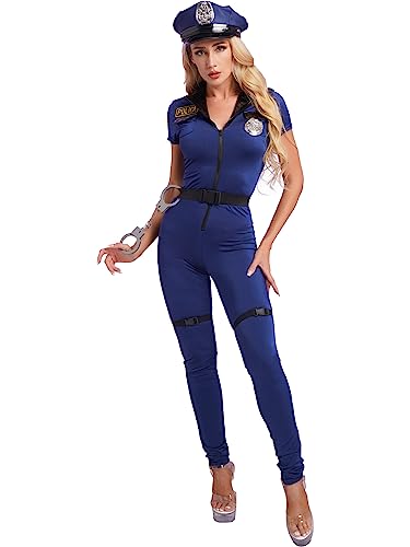 TiaoBug Damen Polizei Kostüm Komplett Set Polizist Uniform Kurzarm Jumpsuit mit Polizeimütze Gürtel Halloween Motto Party Outfits Blau L von TiaoBug