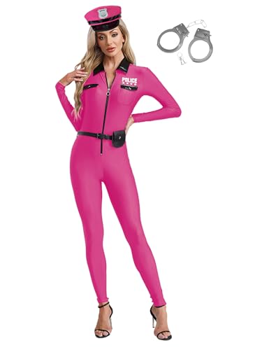 TiaoBug Damen Polizei Kostüm Komplettes Set Polizist Uniform Langarm Jumpsuit mit Polizeimütze Gürtel Handschellen Halloween Motto Party Outfits Hot Pink 3XL von TiaoBug