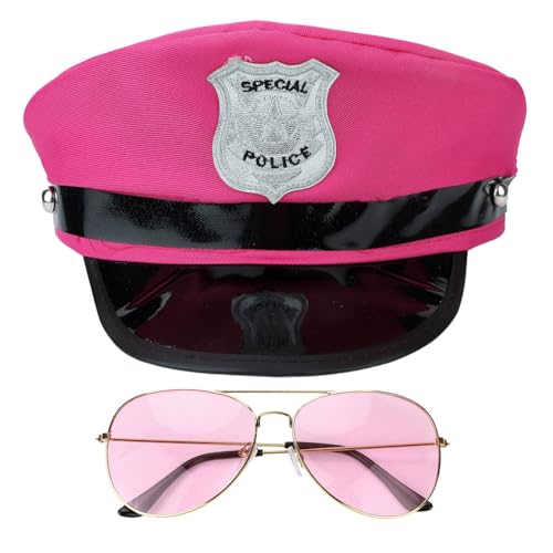 TiaoBug Damen Polizistin Mütze mit Brille Set Polizeimütze Sonnenbrille Polizei Hut Kapitän Hut Cop Cap Polizei Cosplay Zubehör Fasching Karneval Rosa One Size von TiaoBug