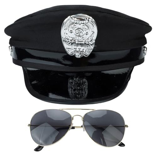 TiaoBug Damen Polizistin Mütze mit Brille Set Polizeimütze Sonnenbrille Polizei Hut Kapitän Hut Cop Cap Polizei Cosplay Zubehör Fasching Karneval Schwarz One Size von TiaoBug