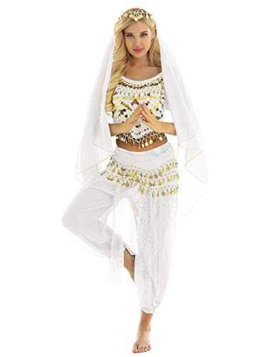 TiaoBug Damen Prinzessin Kostüm Set Pailletten Crop Top + lange weite Hose + Stirnband mit Strass Verkleidung für Karneval Fasching Cosplay Party Tanz Weiß Bauchtanz Set Einheitgröße von TiaoBug