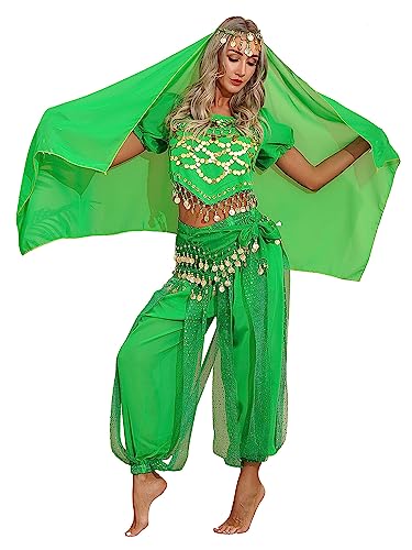 TiaoBug Damen Prinzessin Kostüm Set Pailletten Crop Top + lange weite Hose + Stirnband mit Strass Verkleidung für Karneval Fasching Cosplay Party Tanz Grün Bauchtanz Set Einheitgröße von TiaoBug