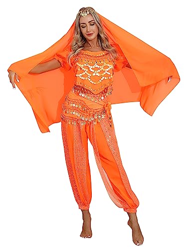 TiaoBug Damen Prinzessin Kostüm Set Pailletten Crop Top + lange weite Hose + Stirnband mit Strass Verkleidung für Karneval Fasching Cosplay Party Tanz Orange Bauchtanz Set Einheitgröße von TiaoBug