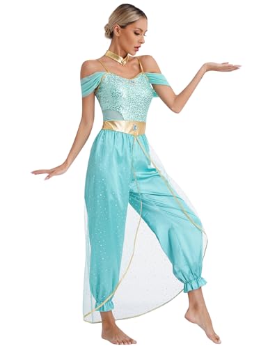 TiaoBug Damen Prinzessin Kostüm Set Pailletten Crop Top + lange weite Hose + Stirnband mit Strass Verkleidung für Karneval Fasching Cosplay Party Tanz Türkis H 3XL von TiaoBug