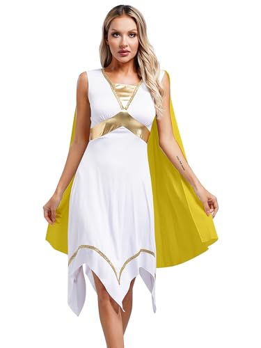 TiaoBug Damen Römerin Tunika Kleid mit Chiffon Umhang Griechische Göttin Kostüm Metallic Besatz Toga Robe Halloween Cosplay Outfits Gelb 4XL von TiaoBug