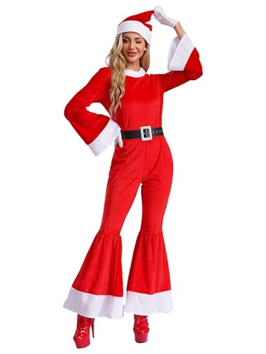 TiaoBug Damen Weihnachten Kostüm Samt Body Langarm Ganzkörperanzug Kunstpelz Kragen langes Overall Jumpsuit mit Gürtel Handschuhe Mütze Rot L von TiaoBug