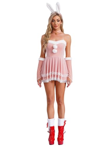 TiaoBug Damen Weihnachten Party Kleider Weihnachtsmann Kostüm Pailletten/Samt Kleider Miss Santa Claus Outfits Ärmellos Weihnachtskleider Mit Zubehör Rosa L von TiaoBug