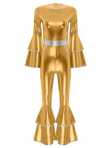 TiaoBug Damen Wetlook Jumpsuit Lange Glockenärmel Overall Lange Hose Leggings mit Volants Hippie Disco Tanz Kostüm Party Clubwear Gold L von TiaoBug