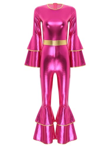 TiaoBug Damen Wetlook Jumpsuit Lange Glockenärmel Overall Lange Hose Leggings mit Volants Hippie Disco Tanz Kostüm Party Clubwear Hot Pink XXL von TiaoBug