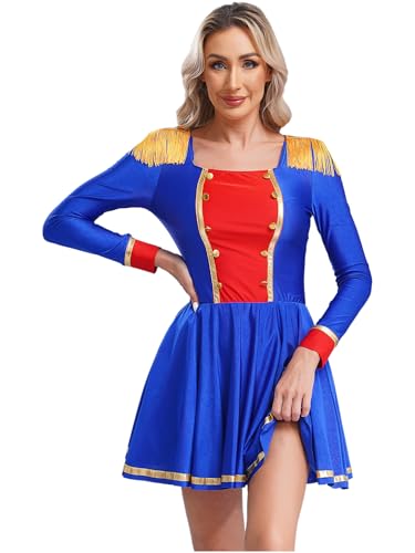 TiaoBug Damen Zirkusdirektor Kostüm Langarm Kleid mit Fransen Schulterstücke Faltenrock Zirkus Dompteur Cosplay Outfits Halloween Verkleidung Blau M von TiaoBug