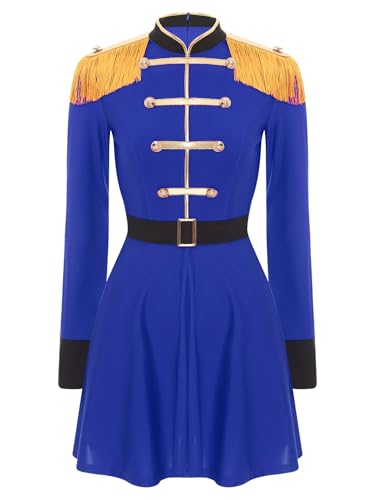 TiaoBug Damen Zirkusdirektor Kostüm Langarm Kleid mit Kunstleder Gürtel Fransen Schulterstücke Zirkus Ringmaster Cosplay Outfits Blau 4XL von TiaoBug