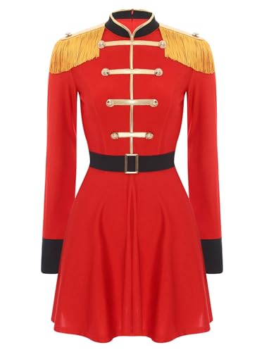 TiaoBug Damen Zirkusdirektor Kostüm Langarm Kleid mit Kunstleder Gürtel Fransen Schulterstücke Zirkus Ringmaster Cosplay Outfits Rot 3XL von TiaoBug