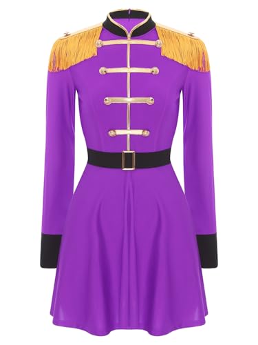 TiaoBug Damen Zirkusdirektor Kostüm Langarm Kleid mit Kunstleder Gürtel Fransen Schulterstücke Zirkus Ringmaster Cosplay Outfits Violett 3XL von TiaoBug