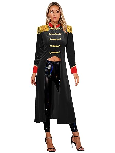 TiaoBug Damen Zirkusdirektor Kostüm Showman Frack Gothic Steampunk Jacke Gehrock mit Quaste Epauletten Kapitän Uniform Weihnachten Festzug Outfits Schwarz L von TiaoBug