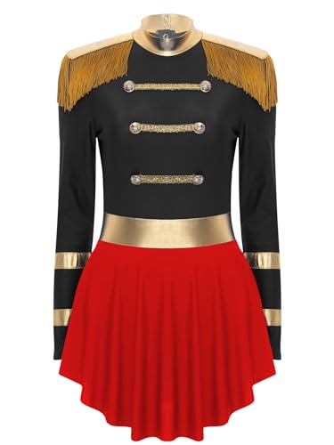 TiaoBug Damen Zirkusdirektorin Kostüm Zirkus Uniformen Langarm Kleid mit Goldener Besatz Fransen Schulterstücke Fasching Karneval Halloween Outfits Schwarz M von TiaoBug