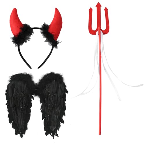 TiaoBug Engel/Dämon Kostüm Set Engelsflügel mit Heiligenschein Feenstab Halloweenkostüm Weihnachten Feder Flügel Teufel Kostüm Maskerade Fasching Rot One Size von TiaoBug