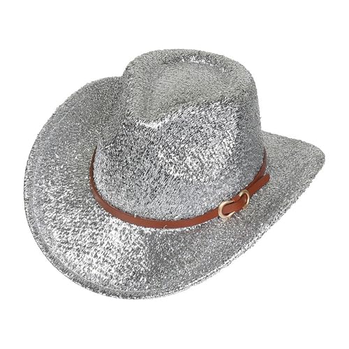 TiaoBug Erwachsenen Cowboyhut Glänzende Western Hut Breiter Krempe Cowgirl Hut Jazz Hut Kopfabdeckung Fasching Karneval Halloween Partyzubehör Silber B One Size von TiaoBug