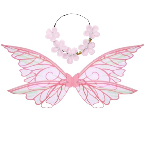 TiaoBug Feenflügel mit Kranz Stirnband Set Farbverlauf Prinzessin Schmetterling Elfenflügel Zauberwelt Engelflügel Karneval Halloween Party Requisiten Rosa One Size von TiaoBug