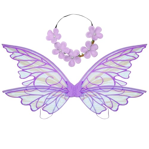 TiaoBug Feenflügel mit Kranz Stirnband Set Farbverlauf Prinzessin Schmetterling Elfenflügel Zauberwelt Engelflügel Karneval Halloween Party Requisiten Violett One Size von TiaoBug