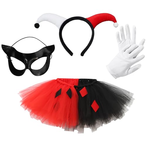 TiaoBug Halloween Clown Cosplay Set Harlequin Clown Haarband mit Maske Mini Rock Handschuhe Zirkus Jester Cosplay Karneval Masquerade Performance Rot Weiß Kids L von TiaoBug