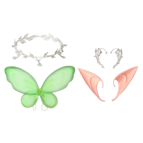 TiaoBug Halloween Fee Cosplay Set Feenflügel mit Stirnanhänger Spitze Elfenohren Ohrring Prinzessin Glitter Elfenflügel Party Karneval Fasching Typ A One Size von TiaoBug