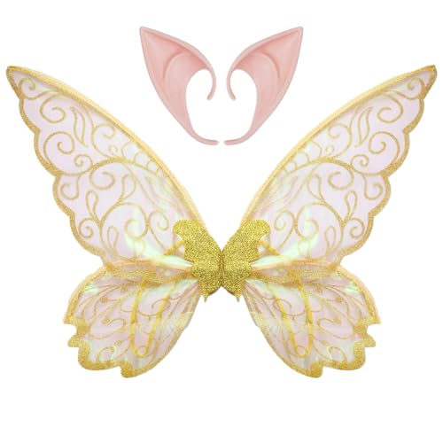 TiaoBug Halloween Feenflügel Cosplay Set Schmetterlingsflügel mit Silikon Elfenohren Prinzessin Elfenflügel Spitzohren Fairy Wings Mottoparty Fasching Maskerade Gelb One Size von TiaoBug